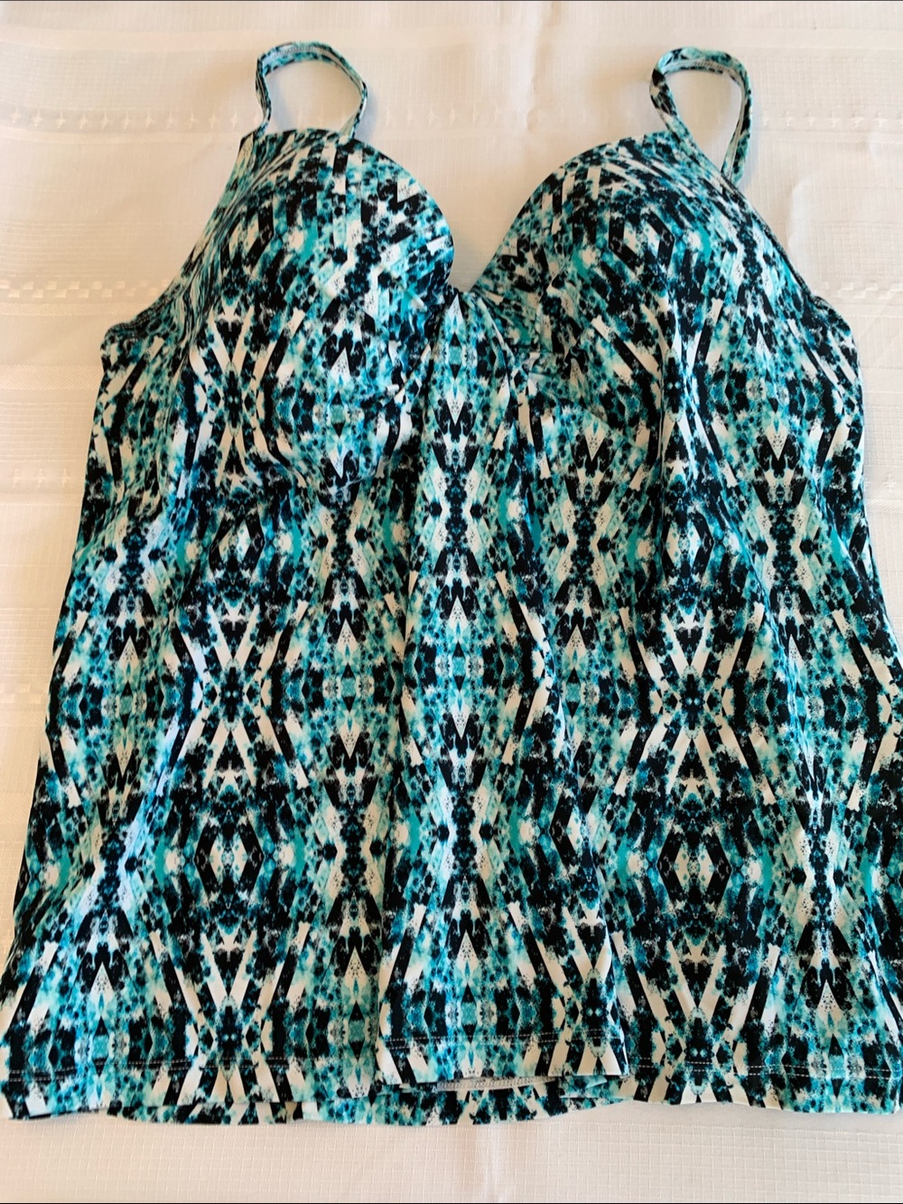 ISLAND ESCAPE Patterned Tankini Bikini Swimsuit Top Teal Blue Black Plus Size 12